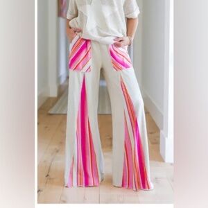 J Her Wide Leg Cream Pants with Pink Stripe Insets